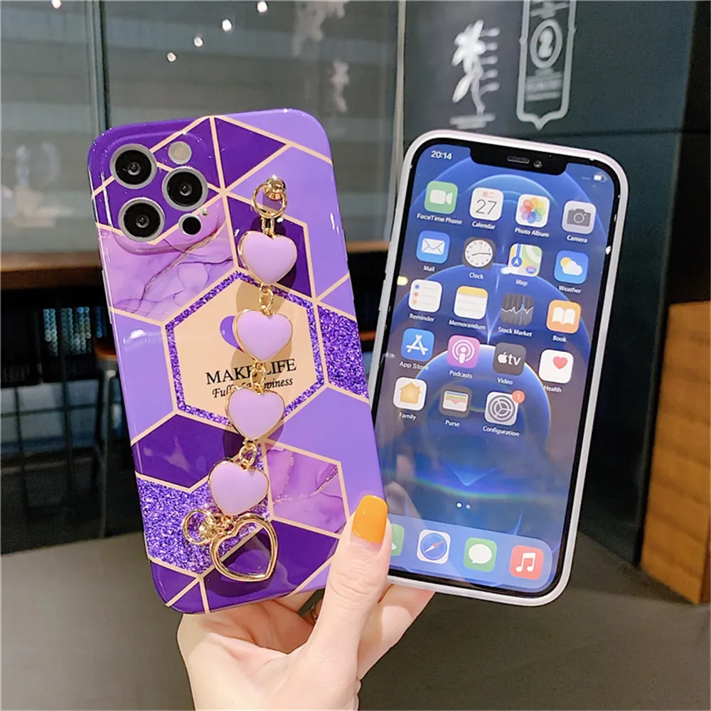 Anymob iPhone Case Purple Soft Silicone Geometric Marble Back Cover With Love Heart Bracelet