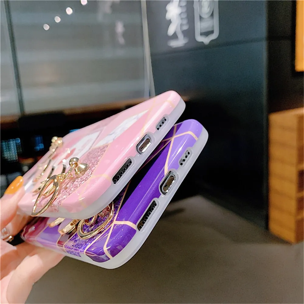 Anymob iPhone Case Purple Soft Silicone Geometric Marble Back Cover With Love Heart Bracelet