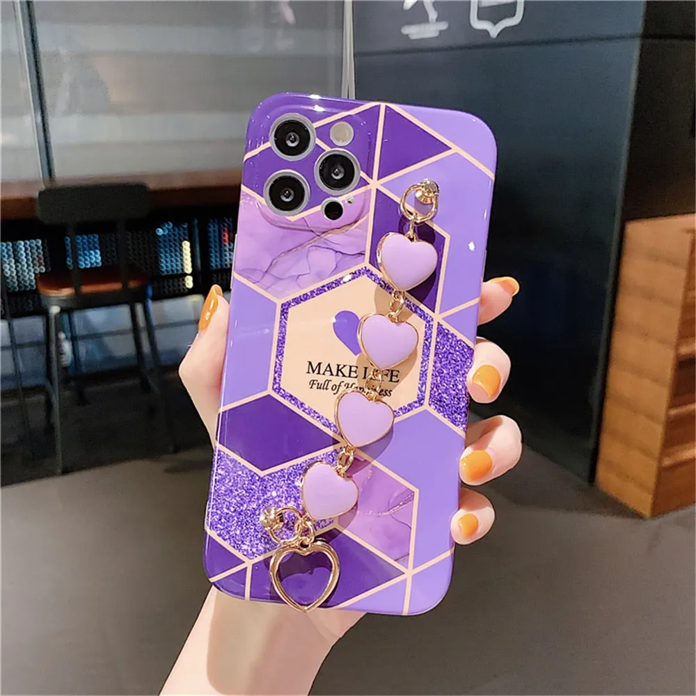 Anymob iPhone Case Purple Soft Silicone Geometric Marble Back Cover With Love Heart Bracelet