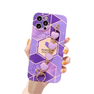 Anymob iPhone Case Purple Soft Silicone Geometric Marble Back Cover With Love Heart Bracelet