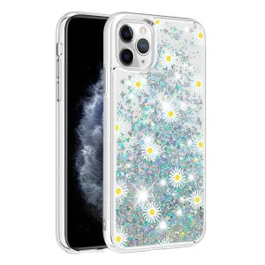 Anymob iPhone Case Silver with Flower Dynamic Quicksand Soft Silicone Clear Back Cover