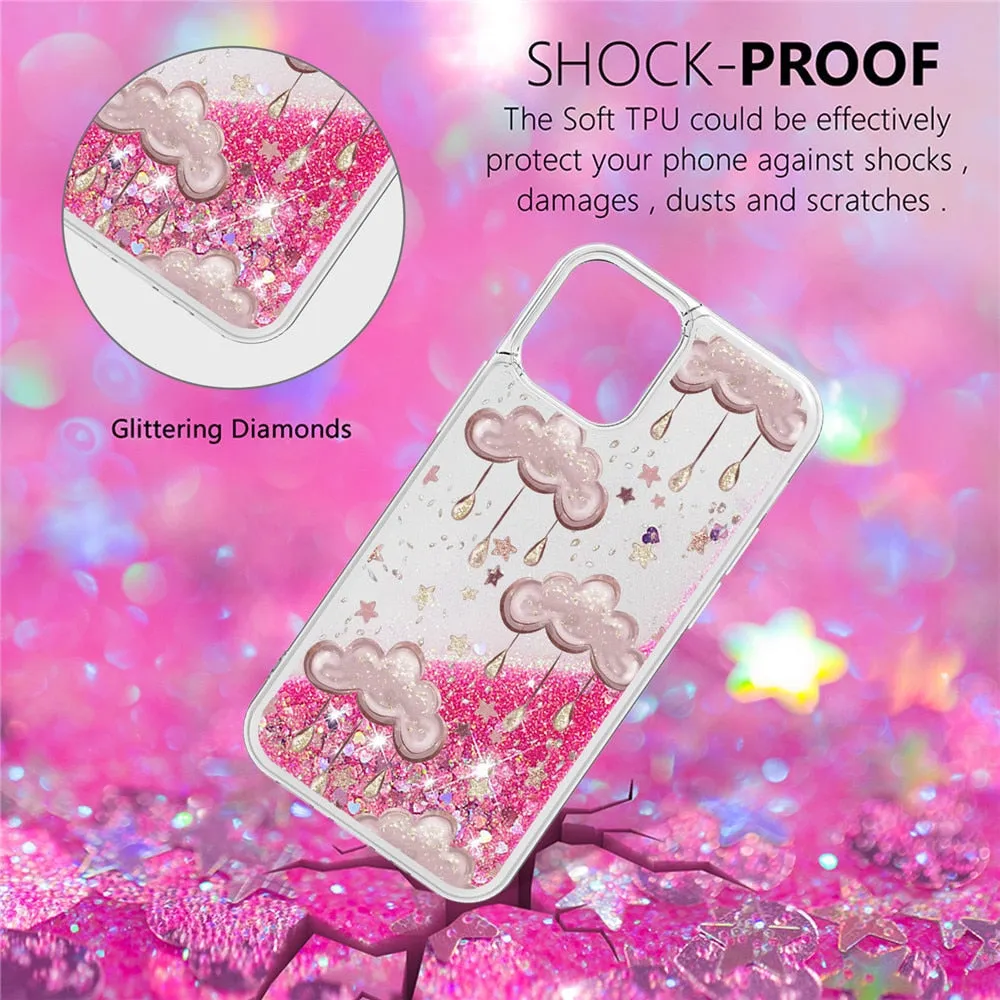 Anymob iPhone Case Silver with Flower Dynamic Quicksand Soft Silicone Clear Back Cover