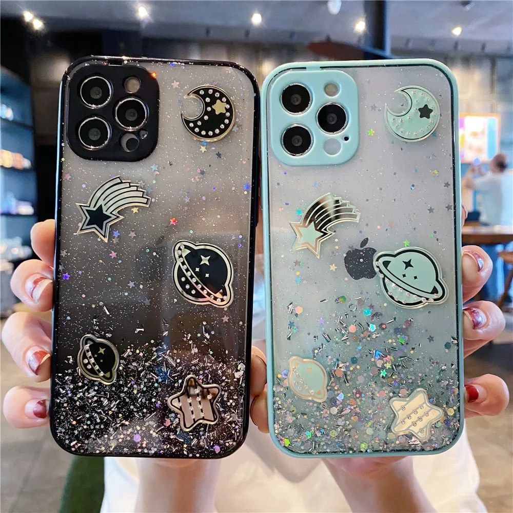 Anymob iPhone Case Transparent Cartoon Planet Glitter Soft Silicon Cover