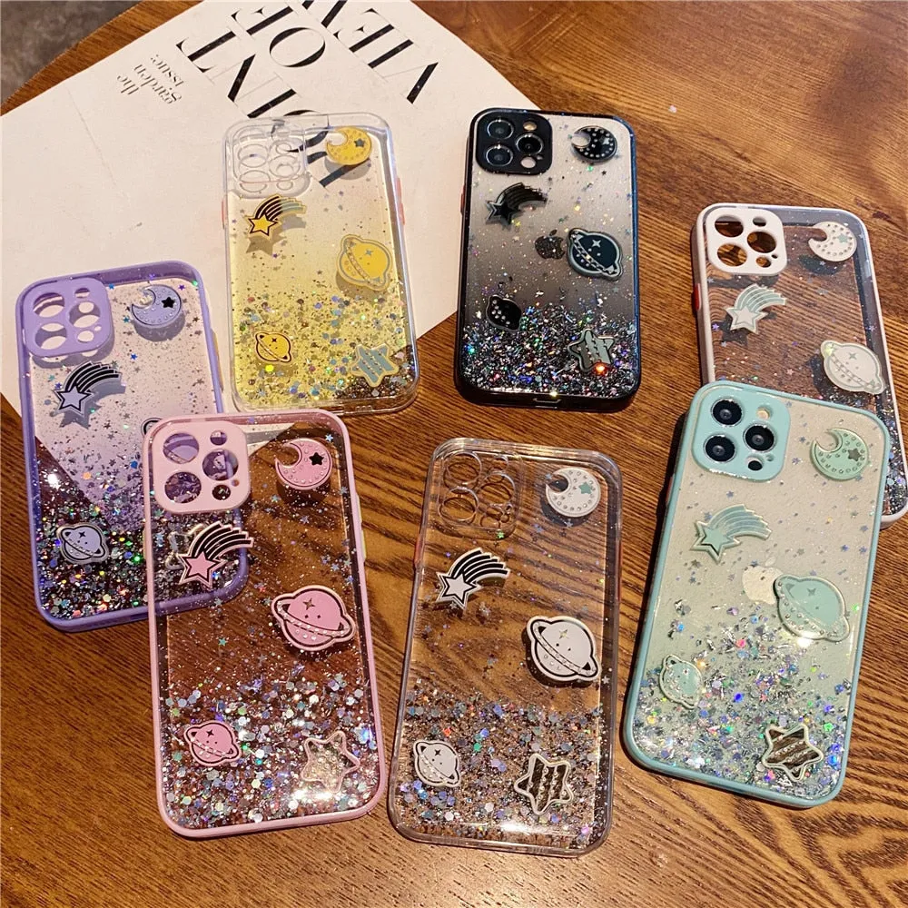 Anymob iPhone Case Transparent Cartoon Planet Glitter Soft Silicon Cover