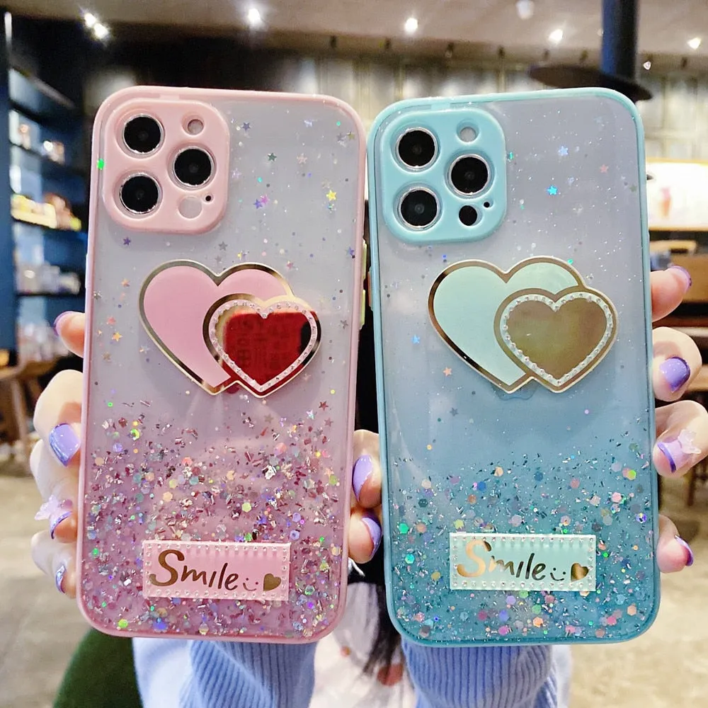 Anymob iPhone Case Transparent Love Heart Mirror Sequins Glitter Soft Silicone Cover