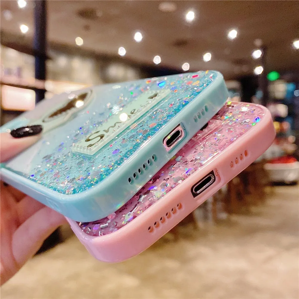 Anymob iPhone Case Transparent Love Heart Mirror Sequins Glitter Soft Silicone Cover
