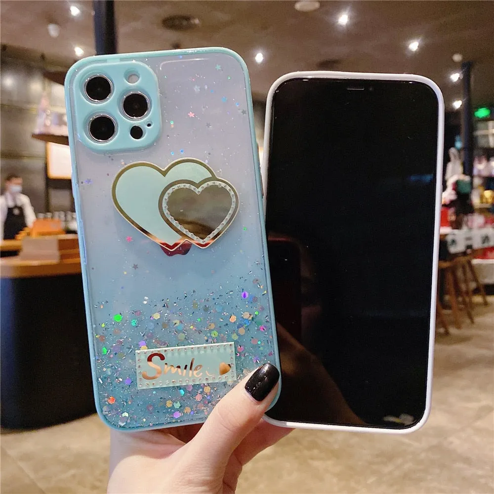 Anymob iPhone Case Transparent Love Heart Mirror Sequins Glitter Soft Silicone Cover