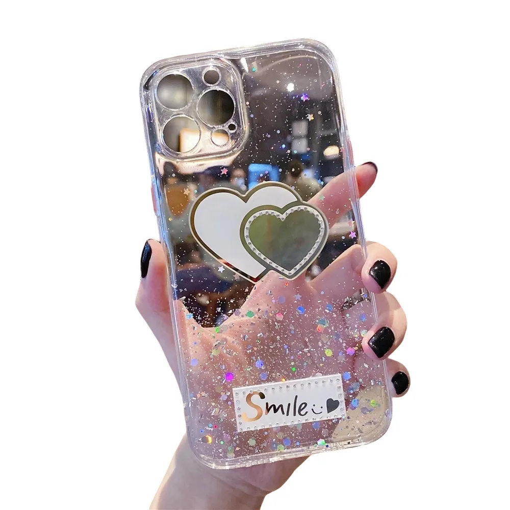 Anymob iPhone Case Transparent Love Heart Mirror Sequins Glitter Soft Silicone Cover