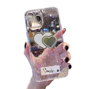 Anymob iPhone Case Transparent Love Heart Mirror Sequins Glitter Soft Silicone Cover