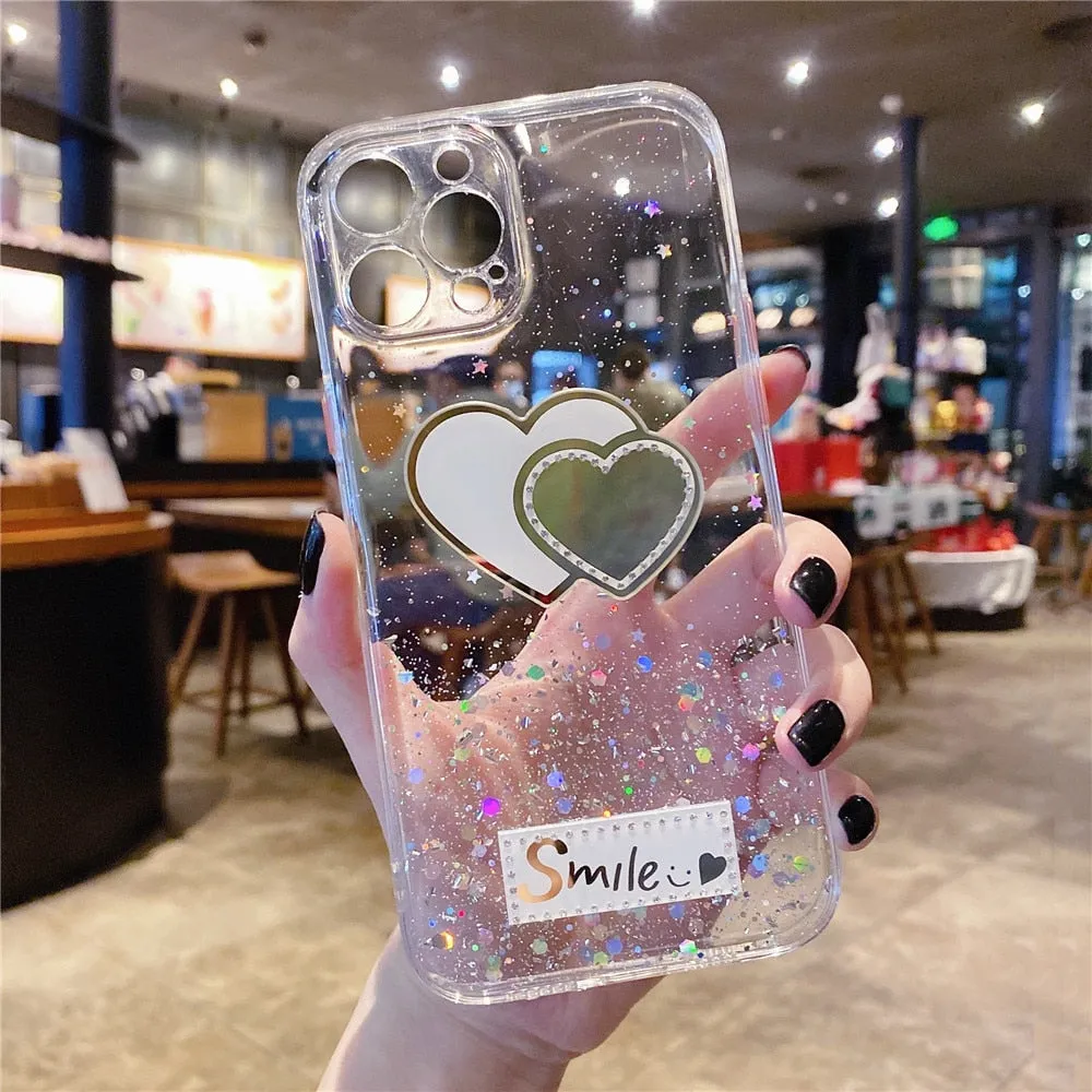 Anymob iPhone Case Transparent Love Heart Mirror Sequins Glitter Soft Silicone Cover