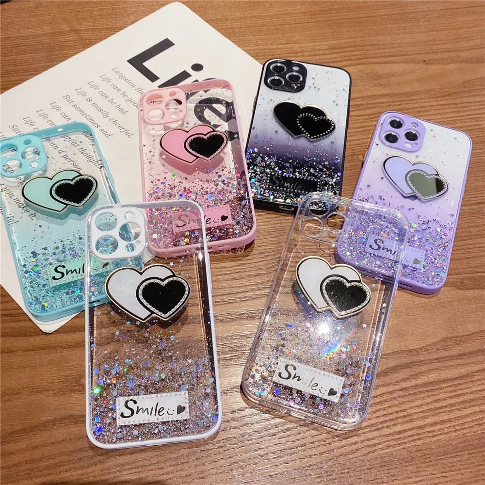 Anymob iPhone Case Transparent Love Heart Mirror Sequins Glitter Soft Silicone Cover