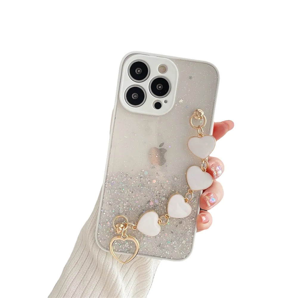 Anymob iPhone Case White Glitter Sequins Love Heart Bracelet Clear Soft Cover