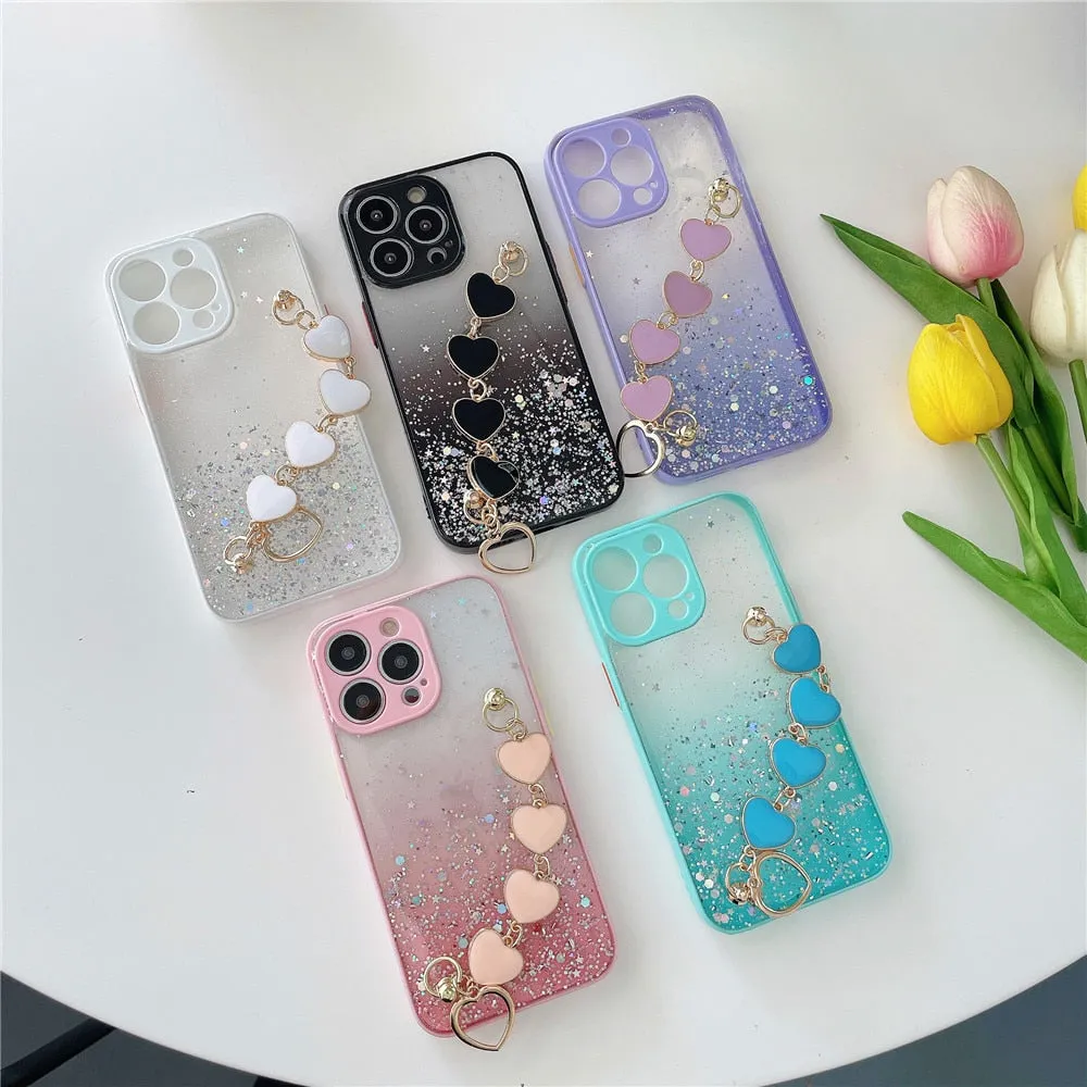 Anymob iPhone Case White Glitter Sequins Love Heart Bracelet Clear Soft Cover