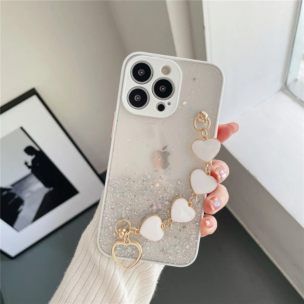 Anymob iPhone Case White Glitter Sequins Love Heart Bracelet Clear Soft Cover