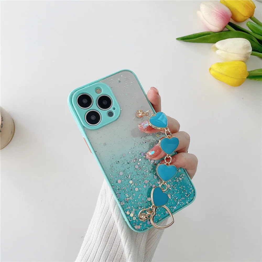 Anymob iPhone Case White Glitter Sequins Love Heart Bracelet Clear Soft Cover