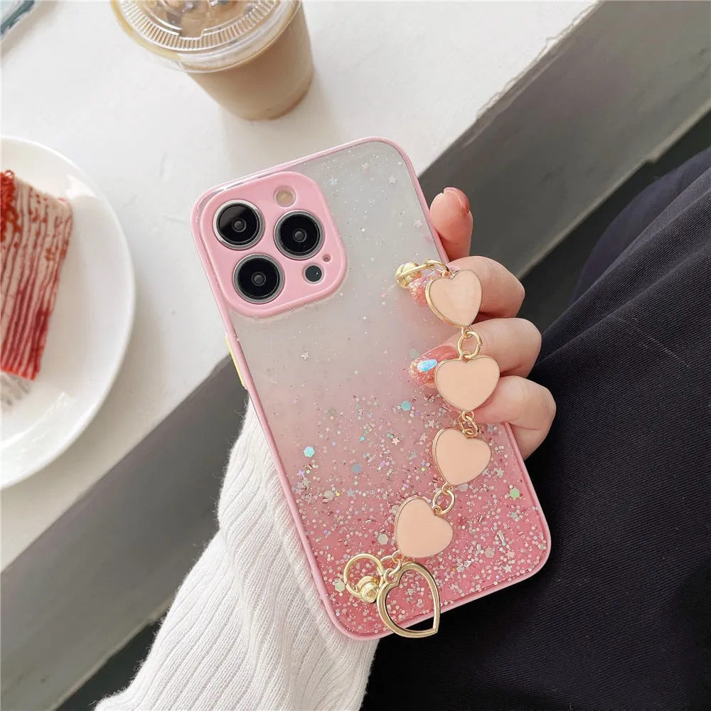 Anymob iPhone Case White Glitter Sequins Love Heart Bracelet Clear Soft Cover