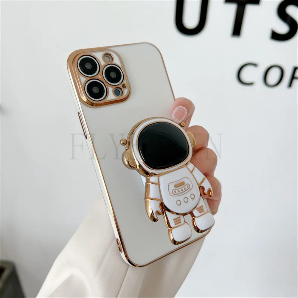 Anymob iPhone Case White Luxury Astronaut Kickstand Soft Silicon Plating Bumper Back Cover