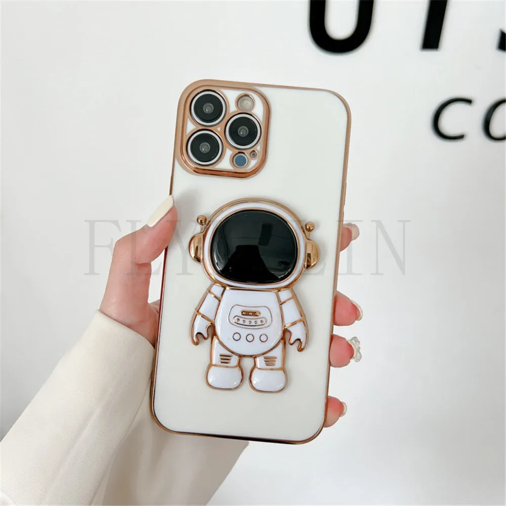 Anymob iPhone Case White Luxury Astronaut Kickstand Soft Silicon Plating Bumper Back Cover