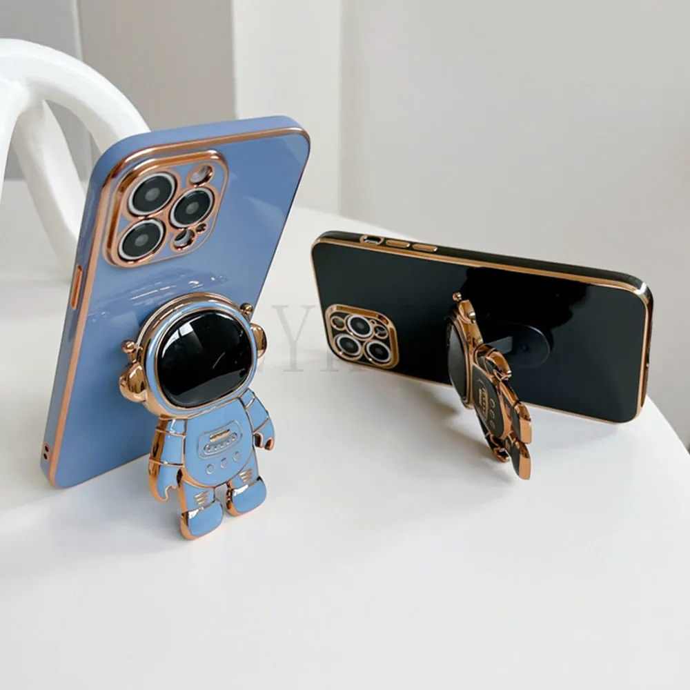 Anymob iPhone Case White Luxury Astronaut Kickstand Soft Silicon Plating Bumper Back Cover