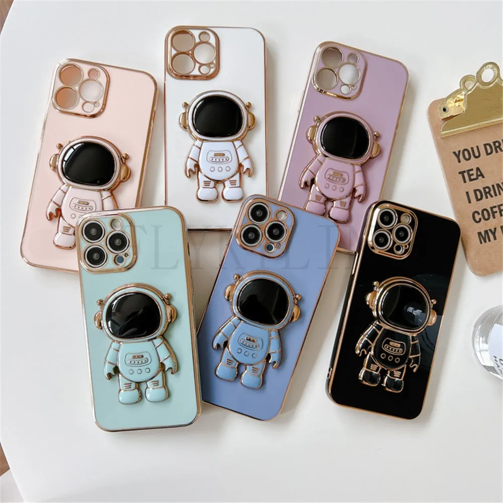 Anymob iPhone Case White Luxury Astronaut Kickstand Soft Silicon Plating Bumper Back Cover
