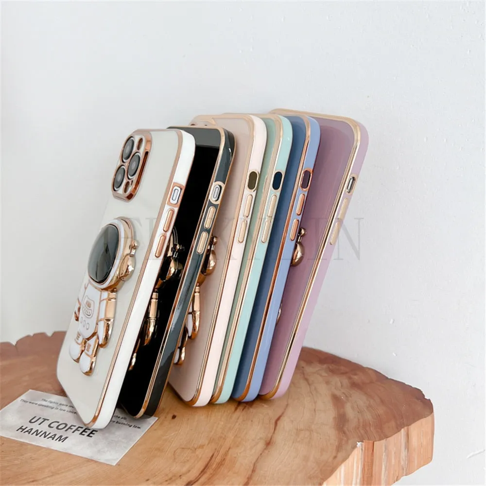 Anymob iPhone Case White Luxury Astronaut Kickstand Soft Silicon Plating Bumper Back Cover