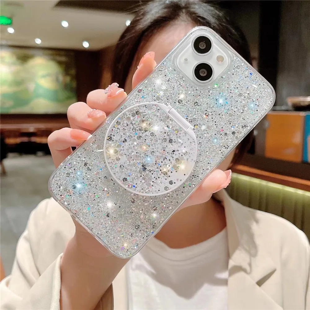 Anymob iPhone Case White Mirror Holder Gradient Glitter Soft Silicon Phone Back Cover