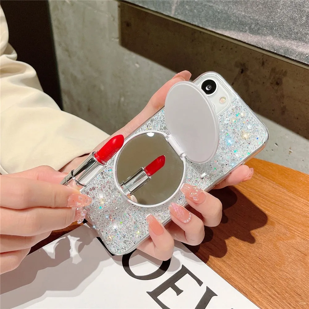 Anymob iPhone Case White Mirror Holder Gradient Glitter Soft Silicon Phone Back Cover