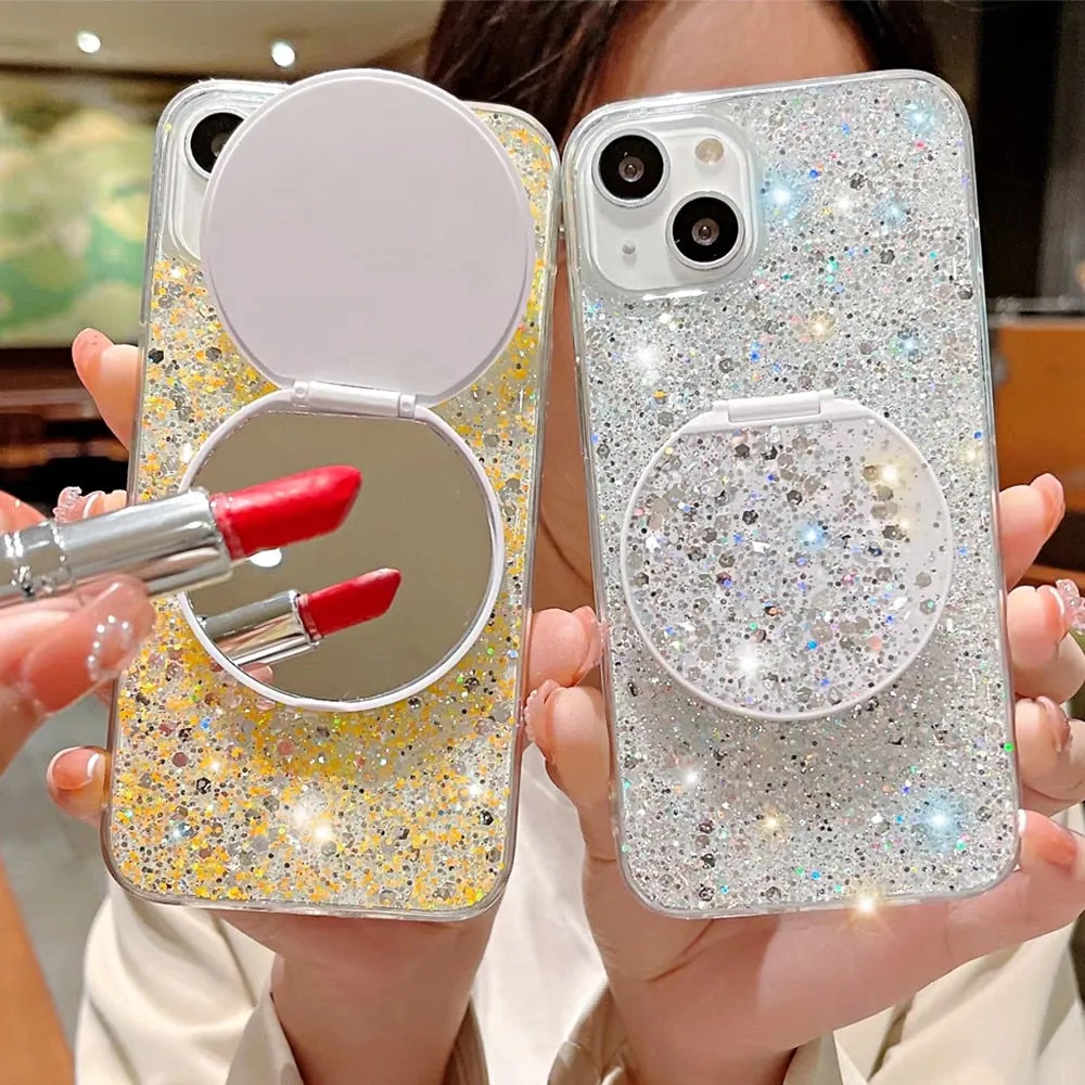 Anymob iPhone Case White Mirror Holder Gradient Glitter Soft Silicon Phone Back Cover