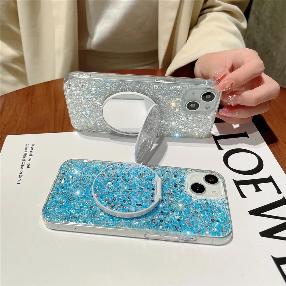 Anymob iPhone Case White Mirror Holder Gradient Glitter Soft Silicon Phone Back Cover