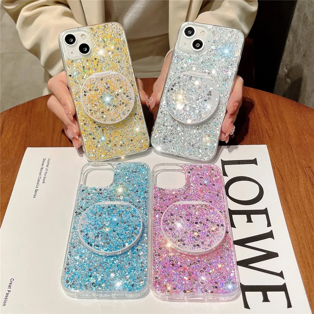 Anymob iPhone Case White Mirror Holder Gradient Glitter Soft Silicon Phone Back Cover
