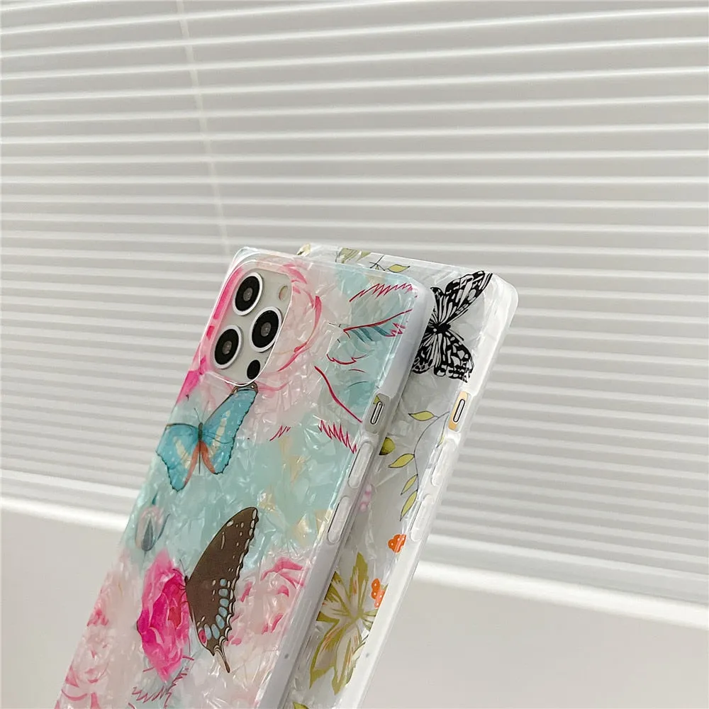 Anymob iPhone Case White Pink Glitter Flowers Dream Shell Pattern Soft Silicon Cover