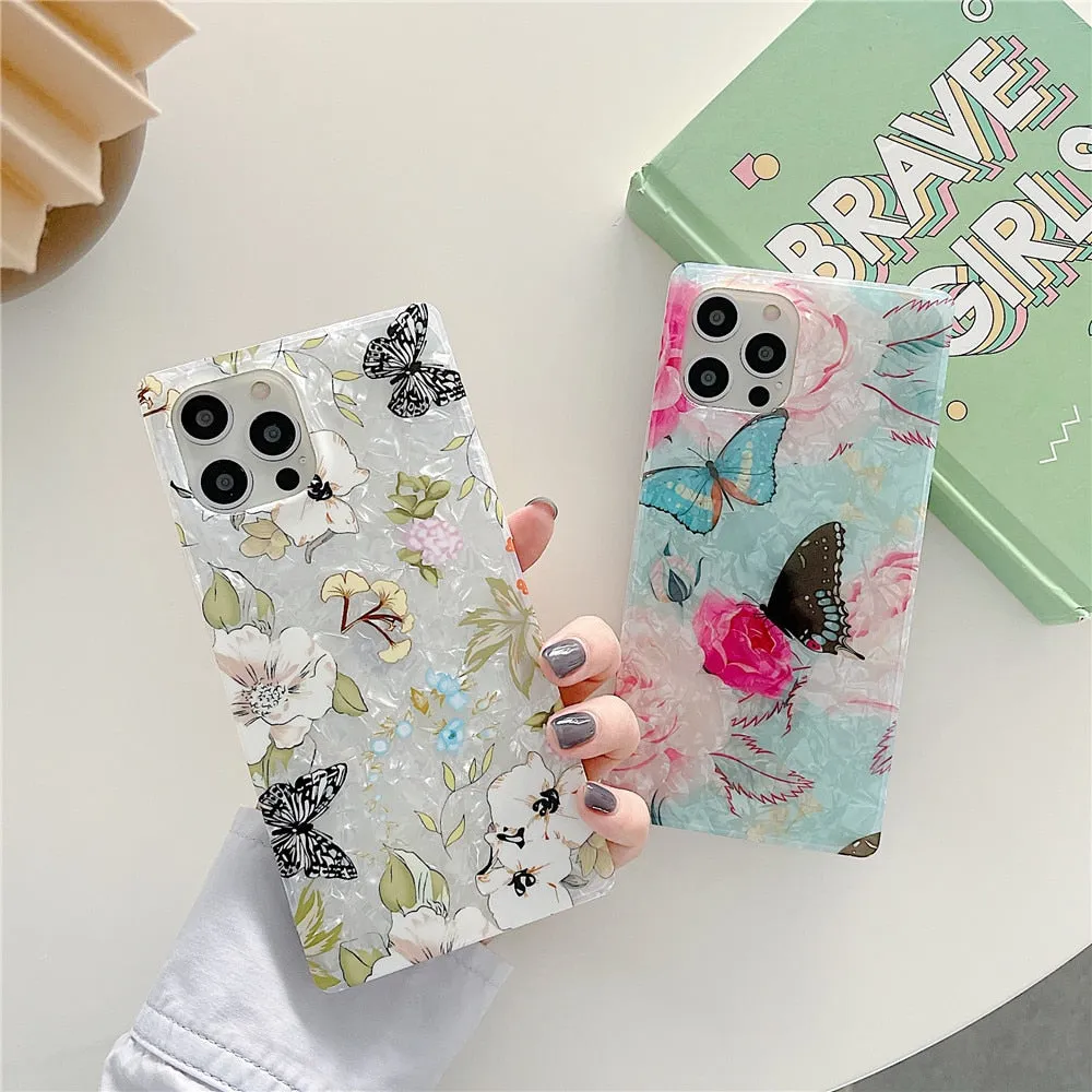 Anymob iPhone Case White Pink Glitter Flowers Dream Shell Pattern Soft Silicon Cover
