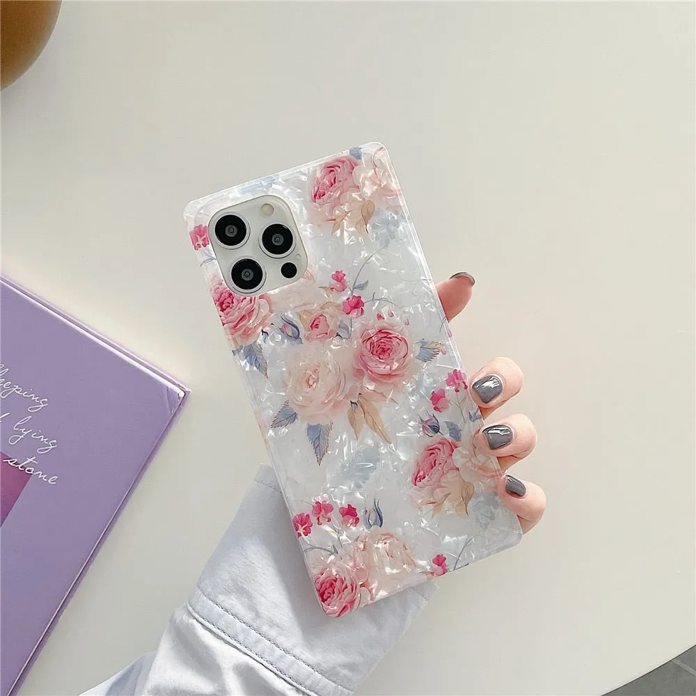 Anymob iPhone Case White Pink Glitter Flowers Dream Shell Pattern Soft Silicon Cover