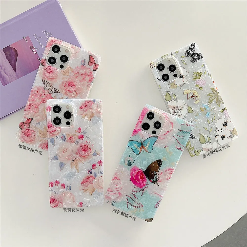Anymob iPhone Case White Pink Glitter Flowers Dream Shell Pattern Soft Silicon Cover