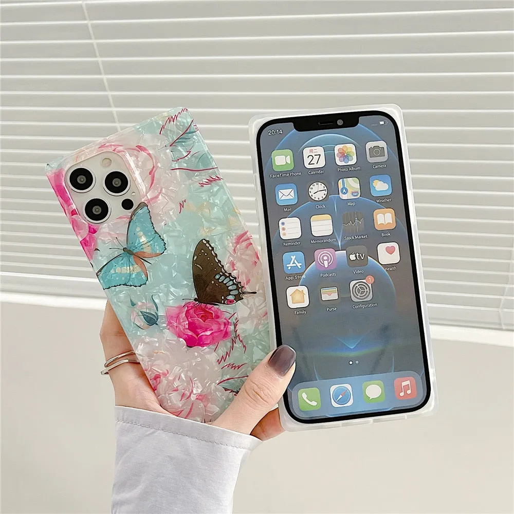 Anymob iPhone Case White Pink Glitter Flowers Dream Shell Pattern Soft Silicon Cover
