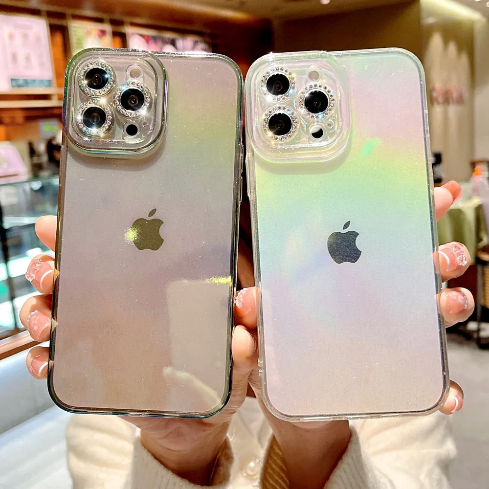 Anymob iPhone Case Yellow Colorful Gradient Glitter Diamond Lens Camera Protection Soft Cover
