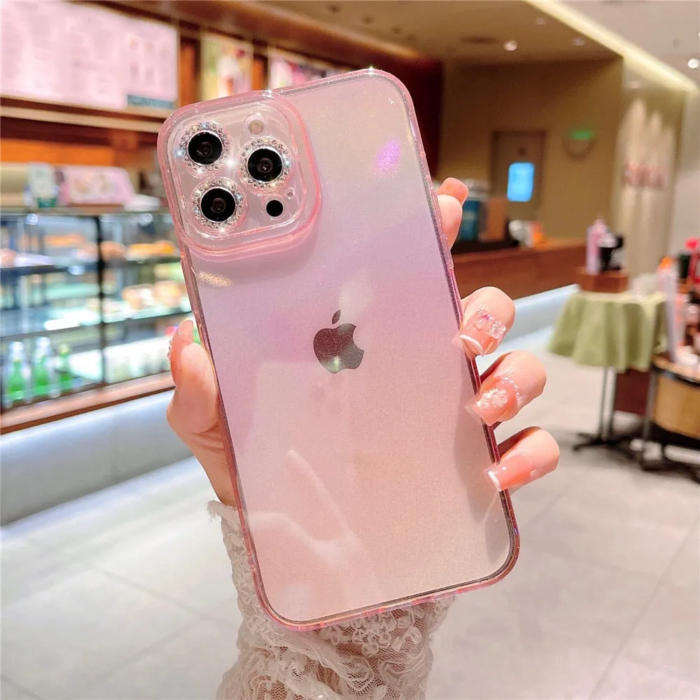 Anymob iPhone Case Yellow Colorful Gradient Glitter Diamond Lens Camera Protection Soft Cover