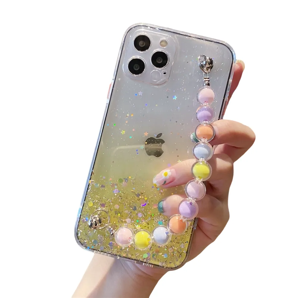 Anymob iPhone Case Yellow Colorful Pearl Bracelet Gradient Glitter Soft Silicone Cover