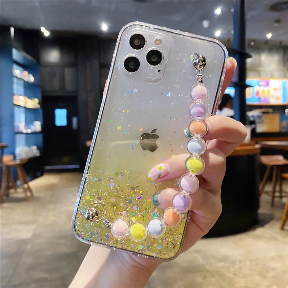 Anymob iPhone Case Yellow Colorful Pearl Bracelet Gradient Glitter Soft Silicone Cover