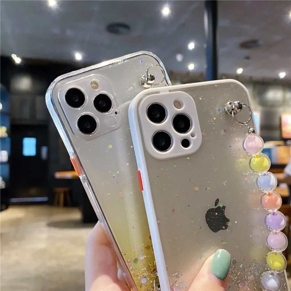 Anymob iPhone Case Yellow Colorful Pearl Bracelet Gradient Glitter Soft Silicone Cover
