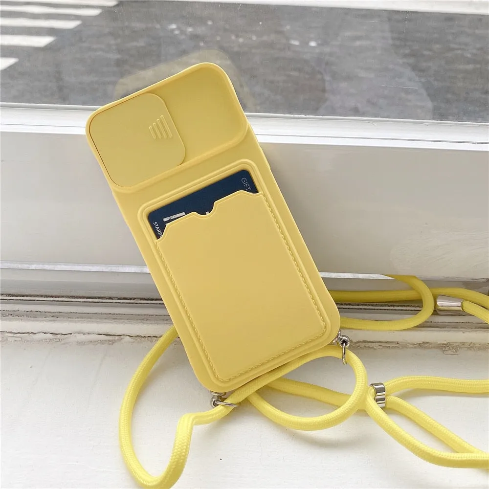 Anymob iPhone Case Yellow Crossbody Camera Lens Protect Wallet Card Necklace Lanyard Cover