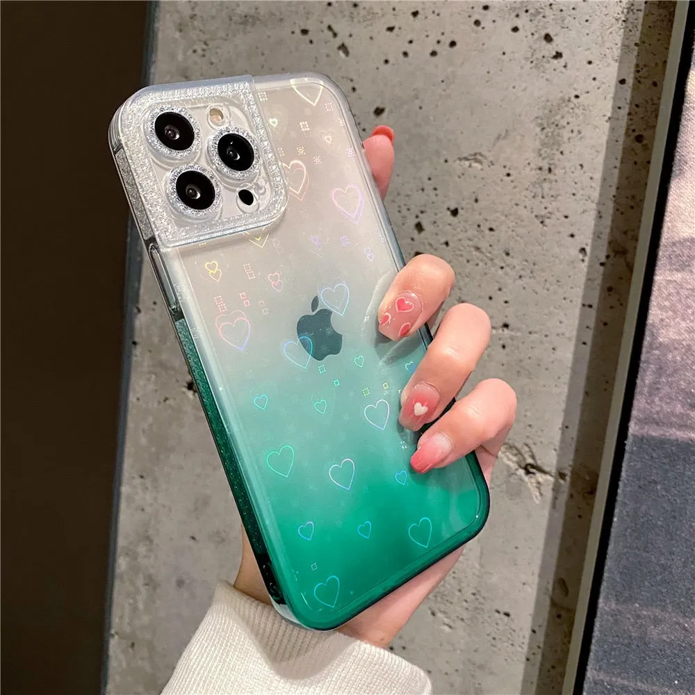 Anymob iPhone Case Yellow Gradient Reflective Holographic Love Heart Diamond Camera Soft Cover