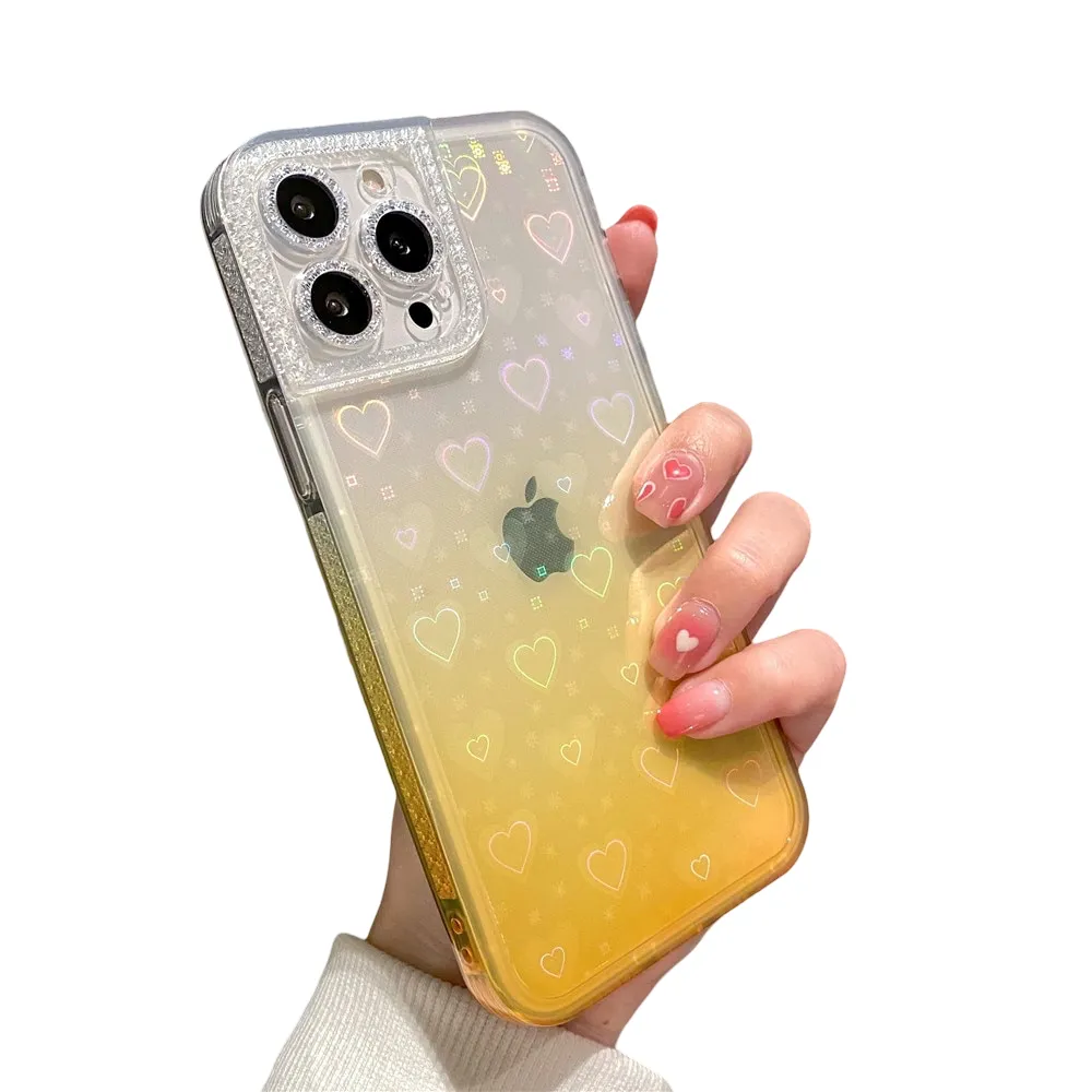 Anymob iPhone Case Yellow Gradient Reflective Holographic Love Heart Diamond Camera Soft Cover