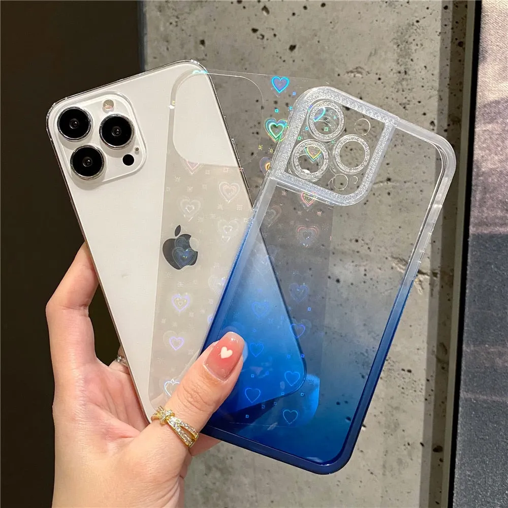 Anymob iPhone Case Yellow Gradient Reflective Holographic Love Heart Diamond Camera Soft Cover