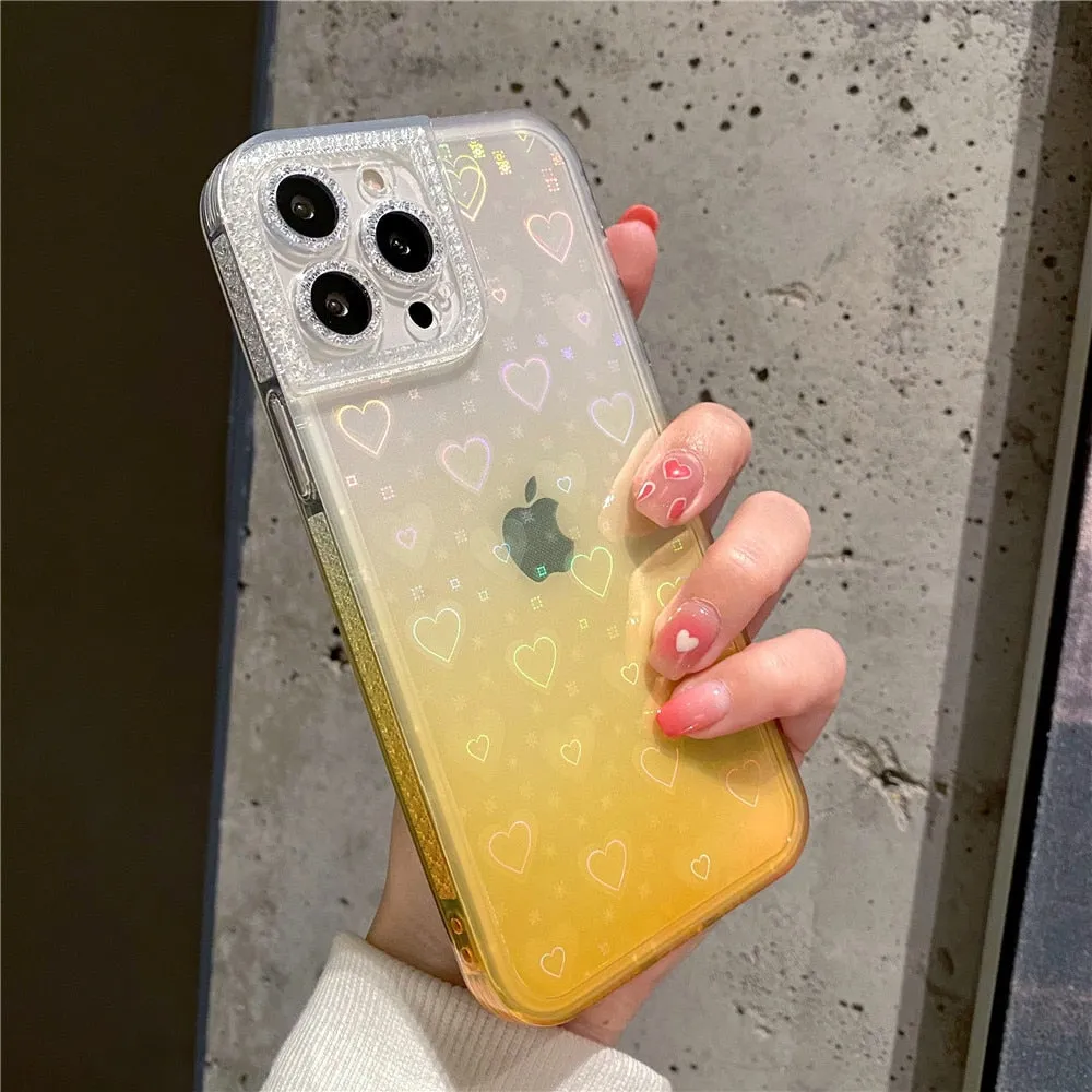 Anymob iPhone Case Yellow Gradient Reflective Holographic Love Heart Diamond Camera Soft Cover