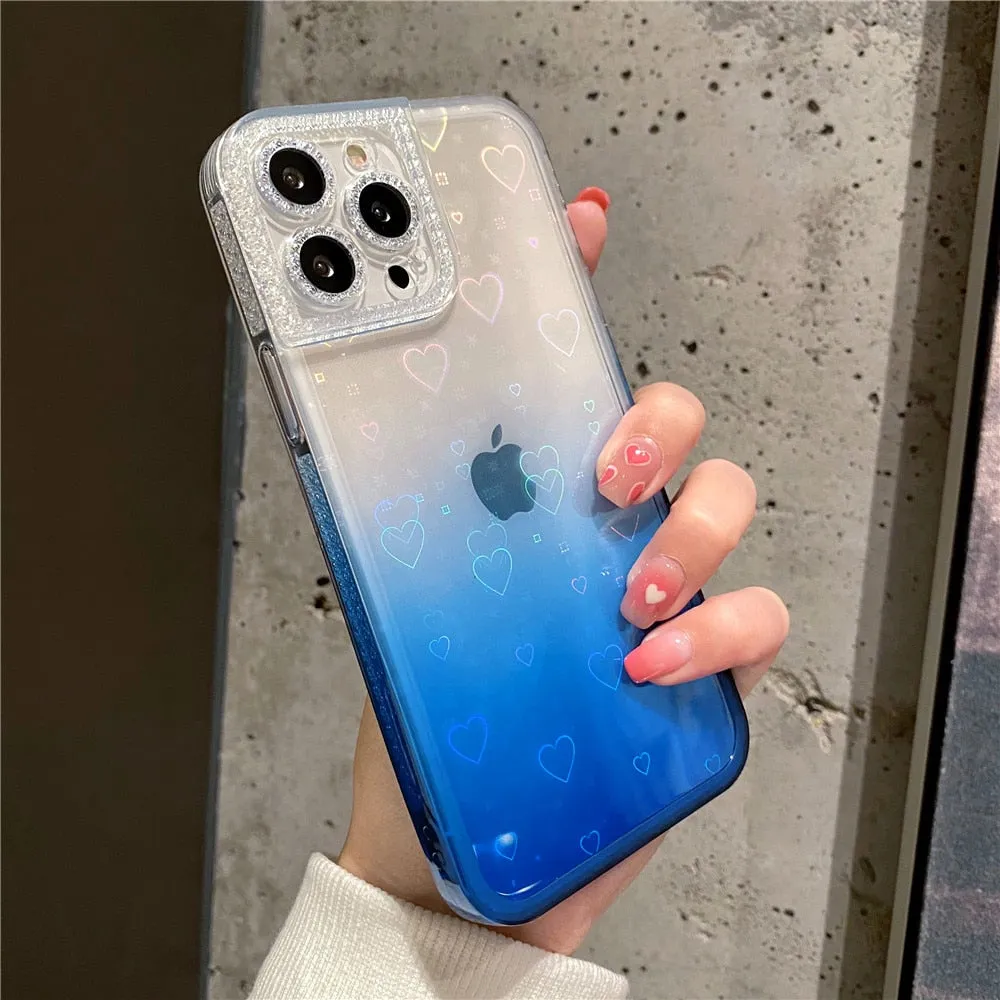 Anymob iPhone Case Yellow Gradient Reflective Holographic Love Heart Diamond Camera Soft Cover