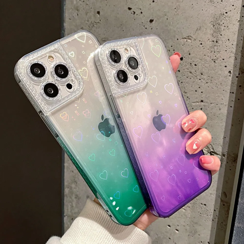 Anymob iPhone Case Yellow Gradient Reflective Holographic Love Heart Diamond Camera Soft Cover