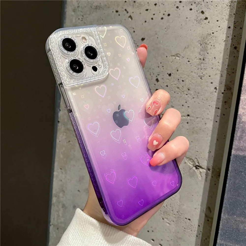 Anymob iPhone Case Yellow Gradient Reflective Holographic Love Heart Diamond Camera Soft Cover