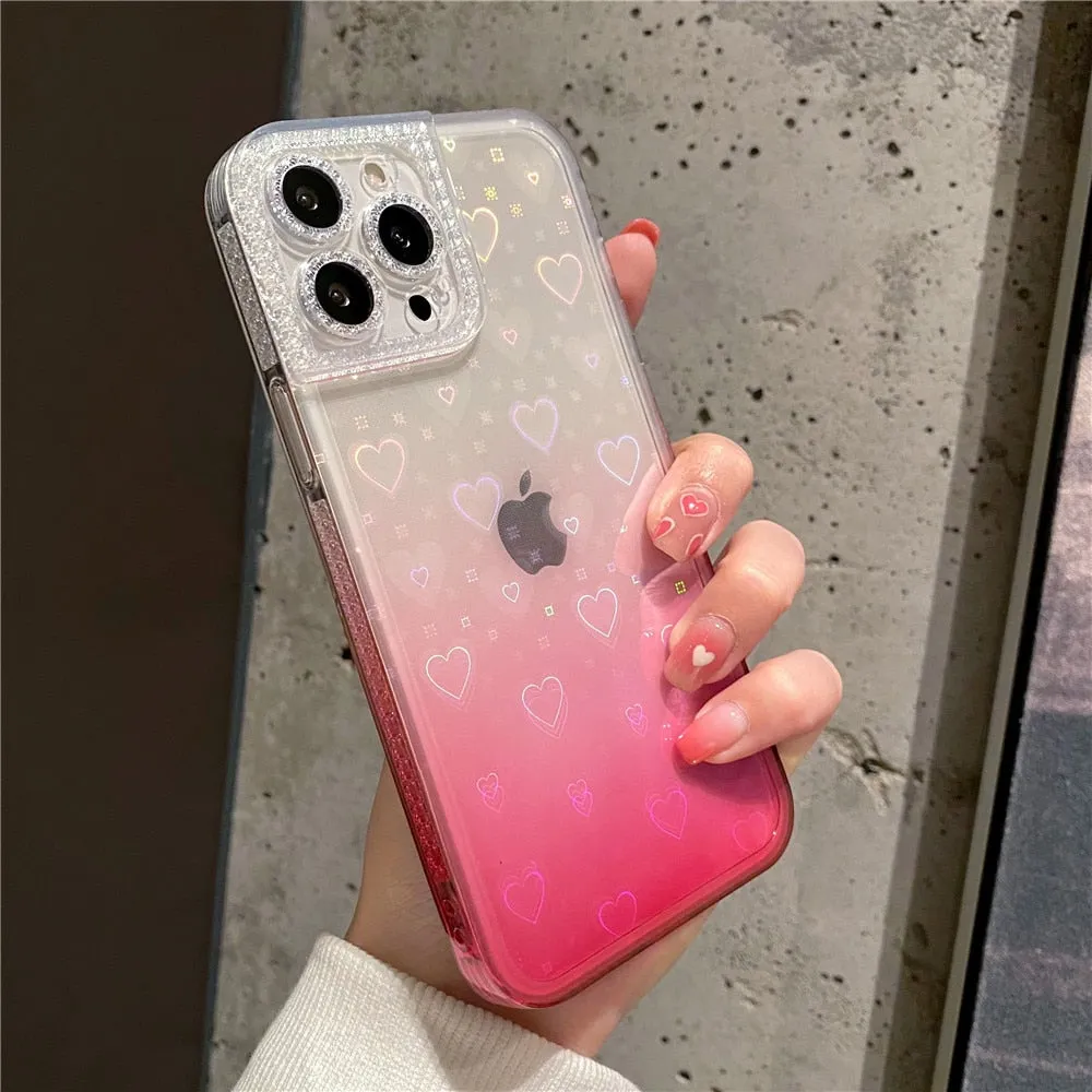 Anymob iPhone Case Yellow Gradient Reflective Holographic Love Heart Diamond Camera Soft Cover