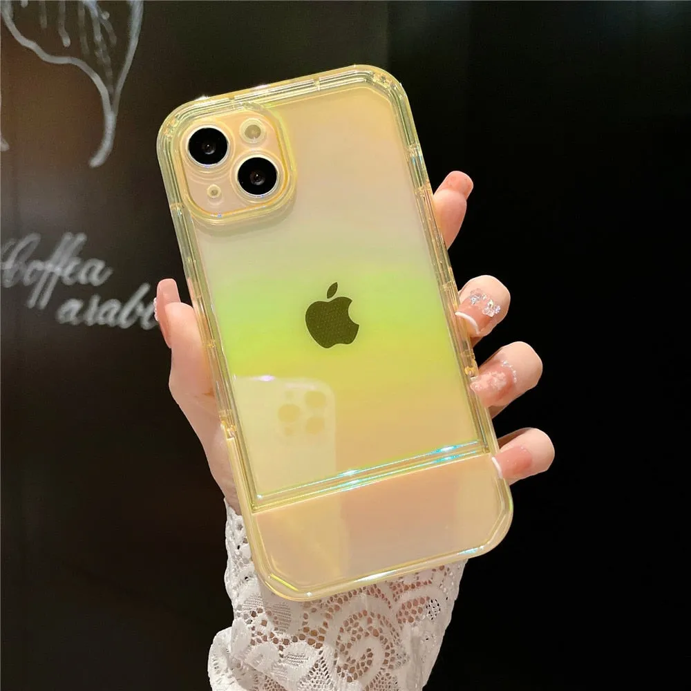 Anymob iPhone Case Yellow Green Laser Clear Bumper Stand Holder Shockproof Soft Silicone Back Cover